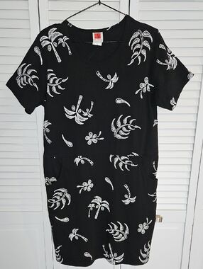RED GINGER COTTON Black/White Short-Sleeve Palm Print Dress Sz S